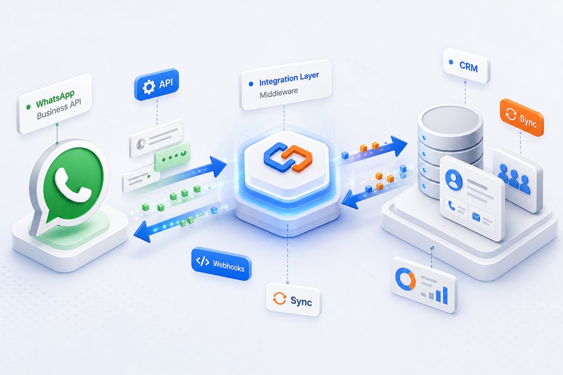 WhatsApp Business API connected through an integration layer to a CRM database